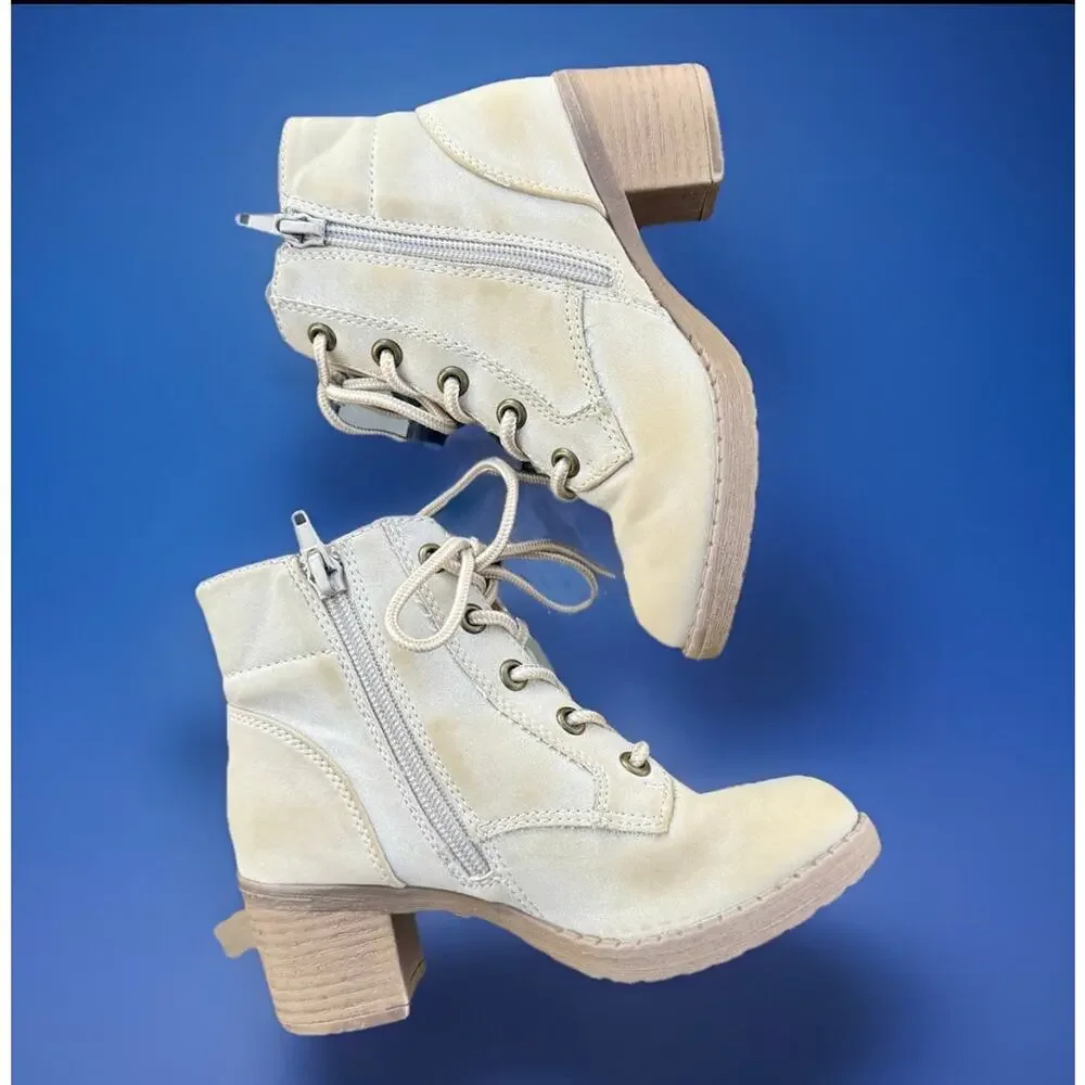Pop Girls Beige Lace Up Ankle Booties Side Zip Block Heel Girls Size 12M